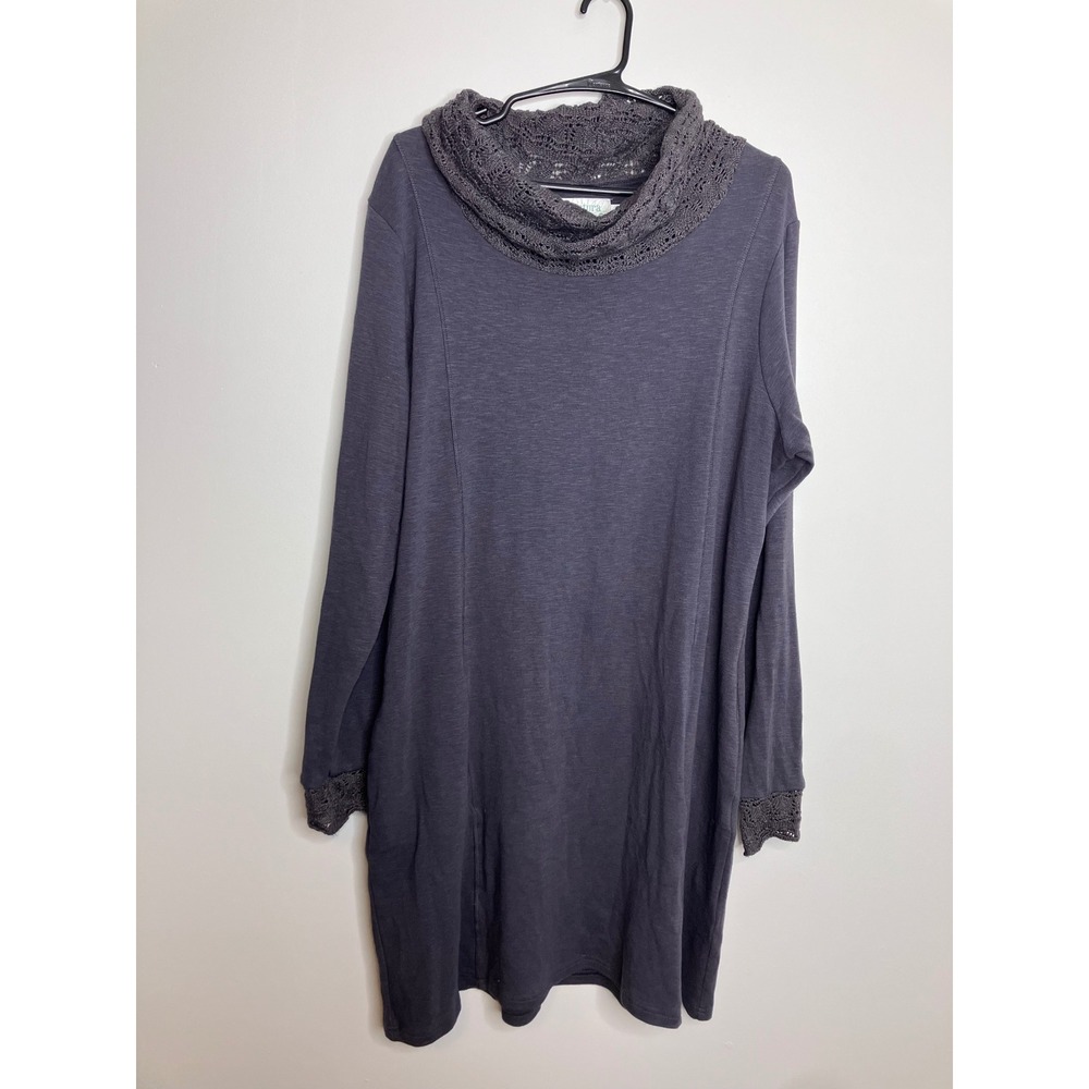 Aventura Tunic Dress Womens 1X Gray Excellent Organic Cotton Crochet Cowl Neck